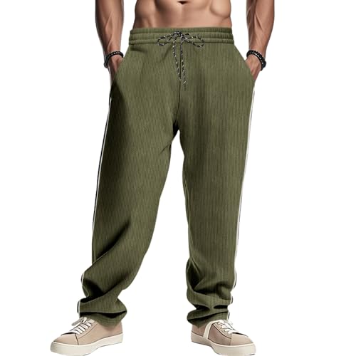 Casual Corduroy Pants Mens Fashion Drawstring Waist Trousers Comfy Stripe Side Legs Solid Color Pants All Seasons