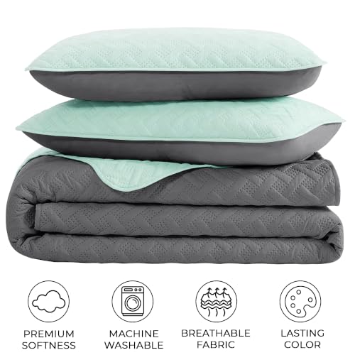 Image of Story@Home Reversible Quilted Bed Cover King Size Bed | 400 TC Ultrasonic Bedspread AC Blanket | Comforter for Double Bed - Bedcover for Double Bed with 2 Pillow Cases 250x225 CM - Sea Foam & Mint