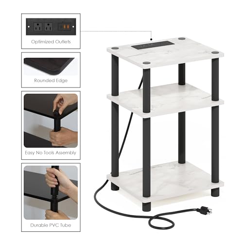 Image of Furinno Just 3-Tier Turn-N-Tube USB and Type-C Charging Port End Table with Open Storage, 11.42 (W) x 8.82 (H) x 6.77 (D) inches, Marble White /Black