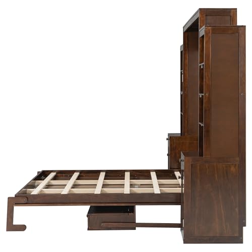 Image of Merax Queen Size Murphy Bed with Desk and LED Lights, Power Outlet, Foldable Murphy Cabinet Bed with Open Storage Shelves & Drawers, Wood Space-Saving Hidden Wall Bed for Guest Room, Dark-Brown
