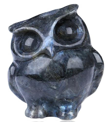 QINJIEJIE Figuras de búho con cristales de labradorita negra, decoración de piedra tallada natural, estatua de piedras preciosas pulidas, escritorio, escultura de gema de sabiduría, decoración de