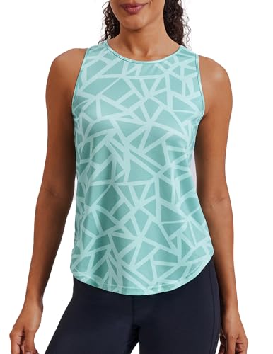PINSPARK Sport Tank Top Damen Sporttop Ärmelloses Fitness Yoga Tops Leichte Sport Oberteile Sommer Gym Shirt Laufshirt Training Geo-Druck Hellgrün L