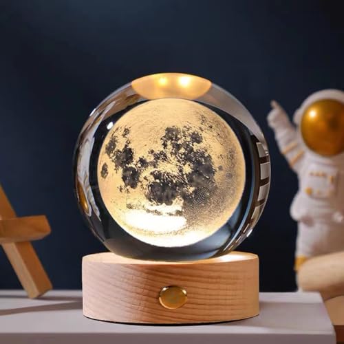 Umikk Veilleuse Cristal 3D 80 mm, USB Système Solaire Planètes, Lampe LED Créative Astronomie Avec Socle en Bois, Cadeau