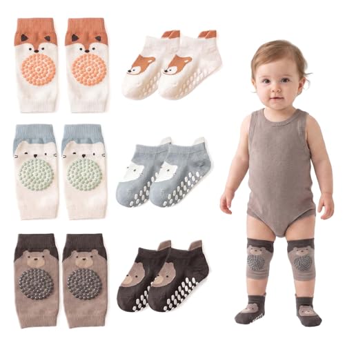 3 Paar Baby Knieschoner Zum Krabbeln Und 3 Paar Stoppersocken Baby Krabbelhilfe Für Babys Elastisch Bequem Rutschfestem Design Bietet Sicheren Halt Schutz Gilt Für Babys Im Alter Von 0-24 Monaten