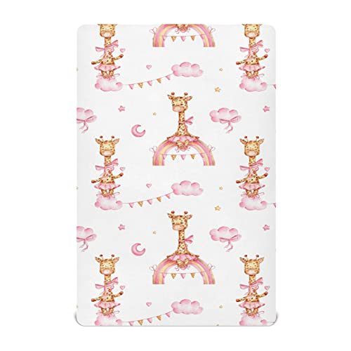 Image of KICPOAY Fitted Crib Sheets Pink Rainbow and Cute Giraffe Stretchy Portable Playard Sheets for Baby Toddler, Breathable Soft Mini Crib Mattress 52 x 28 in for Boys and Girls