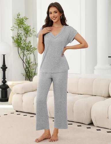 Ekouaer 2 Pack Pajama Sets for Women V Neck Short Sleeve Lounge Sets - image 2