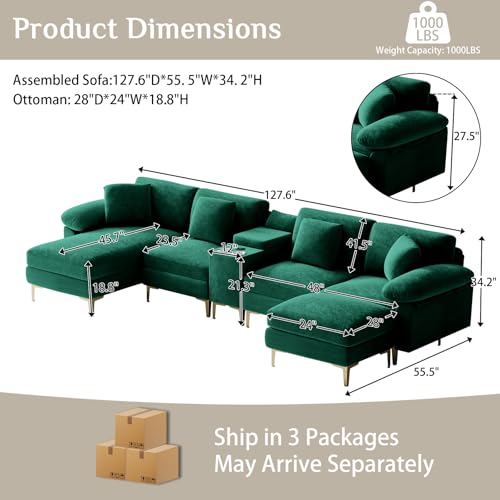 Image of OUYESSIR U-Shaped Sectional Sofa Couch, 4 Seat Sofa Set for Living Room, Convertible U-Shaped Velvet Couch Set with USB Port Central Console Ottoman,128 inches (Emerald Green)