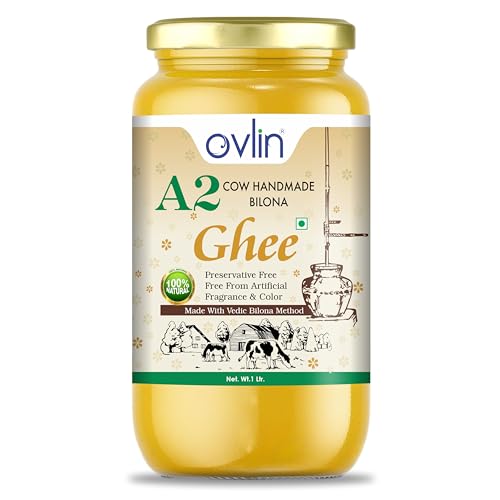 Image of Ovlin A2 Desi Cow Ghee | Handmade Bilona Method Ghee | Pure Desi Cow Milk | Traditional Vedic Bilona Process | 100% Natural, Preservative Free | Rich in Vitamins A, D, E & K | Pure A2 Bilona Cow Ghee for Cooking & Daily Nutrition (1000 ml )