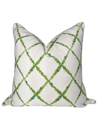 Jillien Harbor “The Lattice” Spring Decorative Festive Pillow Cover – Garden-Inspired White Accent Pillow Cover with Grey-Blue Pipping – Grandmillennial Home Decor, 20' x 20'