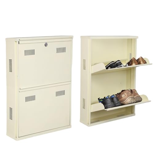 Image of Metal Shoe Rack Wall Mounted for Home with Central Locking | 2 Door 20 inch Wall Mounted Metal 4 Pair Rack Cabinet | Pre-Assembled Shoe Rack Shelves | 3 Year Warranty (Ivory)