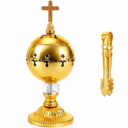 TOPZEA Catholic Incense Burner with Tong Gold Metal Bakhoor Frankincense Resin Burner Brass Plated Charcoal Incense Censer Stand with Cross for Christian Church Home Yoga Spa Aromatherapy
