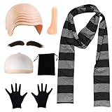 Xerteam 7 STK Glatzen Kostümset für Erwachsene, Karneval Kostüm Herren Film-kostüm mit Kahler Kappe Schal Lange Nase Augenbrauen Handschuhe Kahl Outfits für Fasching Halloween Karneval Mottoparty