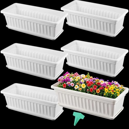 ZEONHAK 6 Pack 17 Inches Countryside Flower Box Planters, Plastic Vegetable Planters with 30 PCS Plant Labels, White Flower Window Boxes with Attached Tray for Windowsill, Patio, Garden, Balcony…