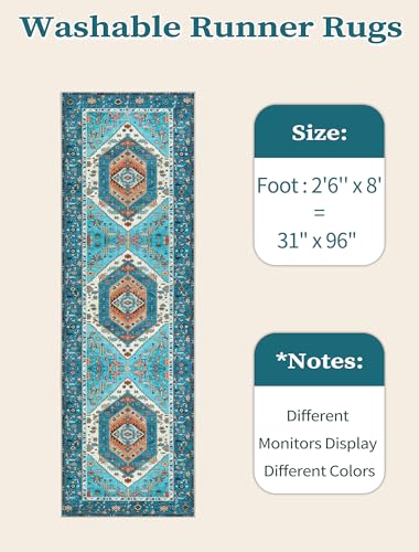 SERISSA Boho Washable Runner Rug, 2'6"x8' Rug Runner Non-Slip Vintage Blue Hallway Kitchen Runner Rug Ultra Soft Print Distressed Tribal Floor Carpet Runner for Bedroom Bathroom Laundry Room