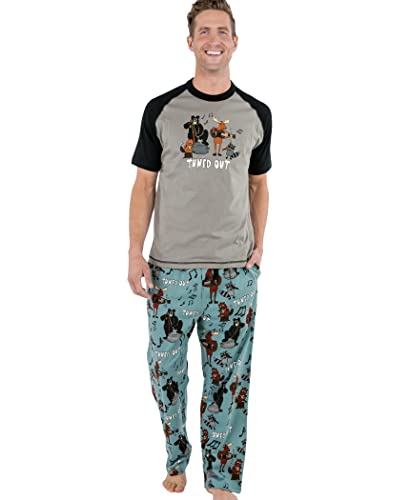 Lazy One Pajama Sets For Men, Short Sleeve Cotton Pajama Shirt and Pants with Funny Animal Prints, Comfy Pajamas For Men (Tuned Out, Large)