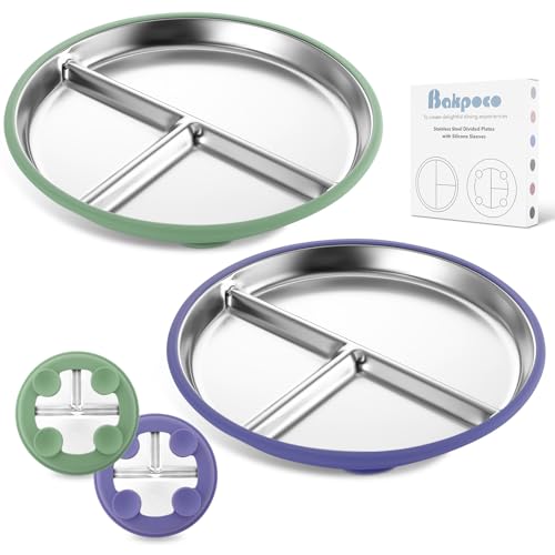 Image of Bakpoco Stainless Steel Toddler Plate with Suction, 9” Divided Plates with Removable Silicone Sleeves for Baby, Non Toxic & BPA Free | Non Slip | Unbreakable Kids Snack Dishes Set of 2, Green & Purple
