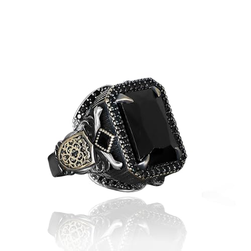 Men's Sterling Silver Ring with Black Onyx Gemstone – Square-Cut Statement Ring with Vintage Side Details