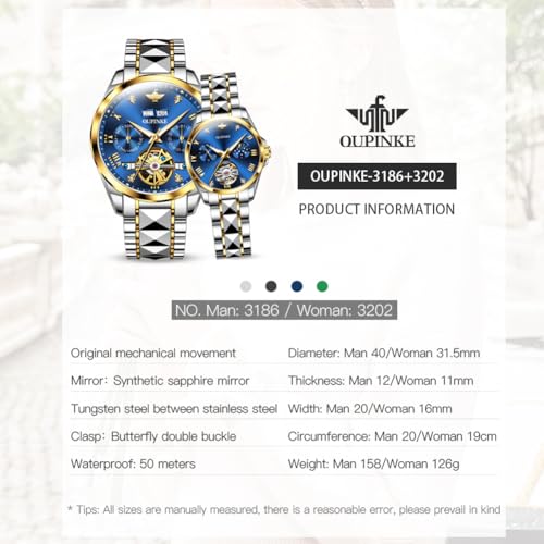Image of OLEVS Couple Pair Watches Set Automatic Mechanical Self Winding Dress Matching Watch for His and Hers Valentines Day Gifts
