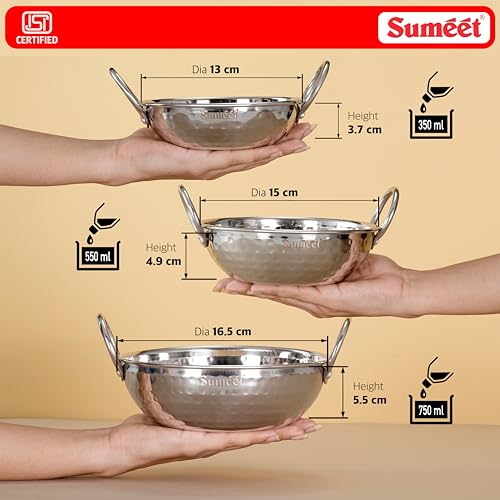 Image of Sumeet ISI Certified Stainless Steel Mini Kadhai for Serving, Tadka - Hammered Kadai, Induction and Gas Stove Friendly, Small Size (Set of 3Pc, 350ml, 550ml, 750ml, Silver)