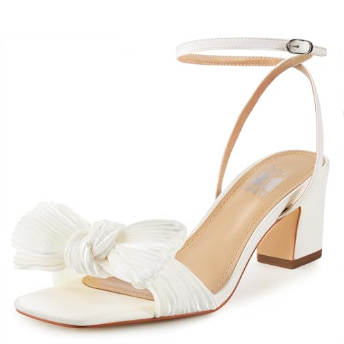 Huntarry Women's Bow Knot Heeled Sandals Ankle Buckle Strap Block Chunky Bow Heels with Square Open Toe for Bride Wedding Party Graduation Prom Heels