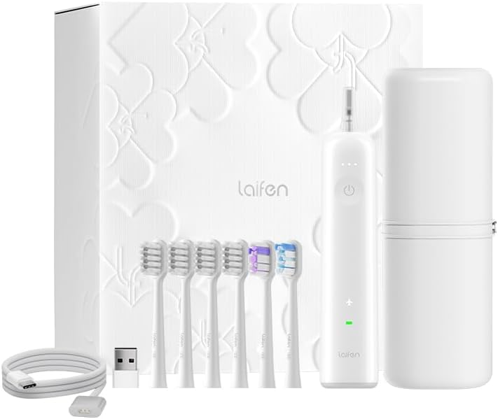 Laifen Wave Electric Toothbrush Set, Oscillation & Vibration Sonic Electric Toothbrush for Adults with App, 6 Brush Heads, Travel Cases Included (White ABS)