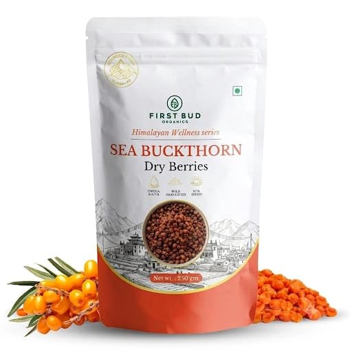 Image of First Bud Organics Sea Buckthorn Berries 250 g | Rich in Omega 3,6,7,9, Vitamin C & E, Boosts Immunity
