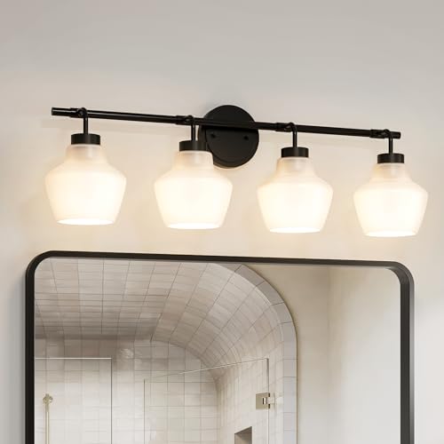 Image of USHOWER 4-Light Bathroom Light Fixtures, Vanity Lights with White Frosted Glass Shades, Modern Black Vanity Lights for Bathroom, Mirror, Living Room, Bedroom, Hallway, E26 Base (Bulbs Not Included)