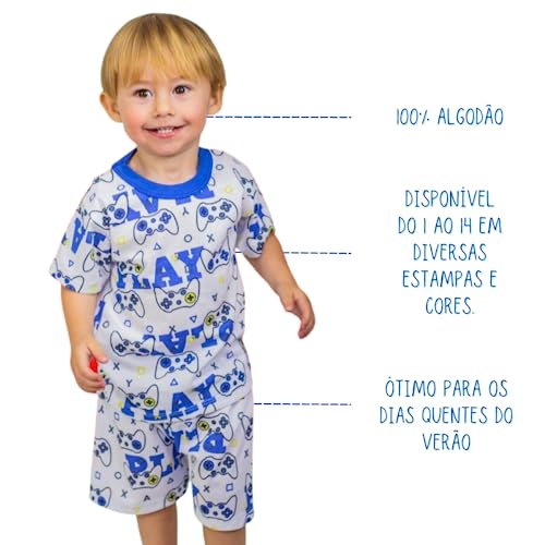 Pijama Infantil Menino de 1 a 14 anos Conjunto Short e Camiseta Bermuda Criança Algodão Verão Calor