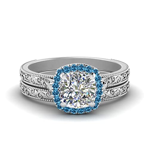 Image of Choose Your Gemstone Hand Engraved Halo Cushion Wedding Ring 925 Sterling Silver Cushion Shape Wedding Ring Sets Matching Jewelry Wedding Jewelry Easy to Wear Gifts US Size 4 to 12