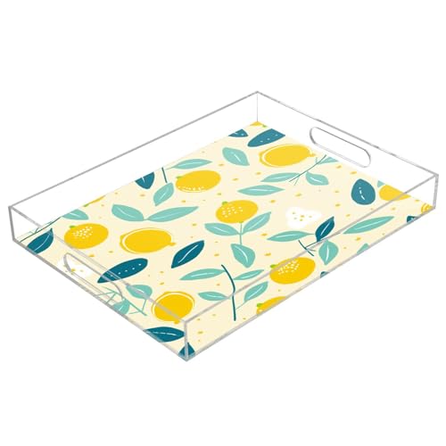 IOACIY Clear Serving Tray 12x16 Inches Acrylic Decorative Tray Organiser for Ottoman Coffee Table Countertop with Handles, Cute Lemon (3)