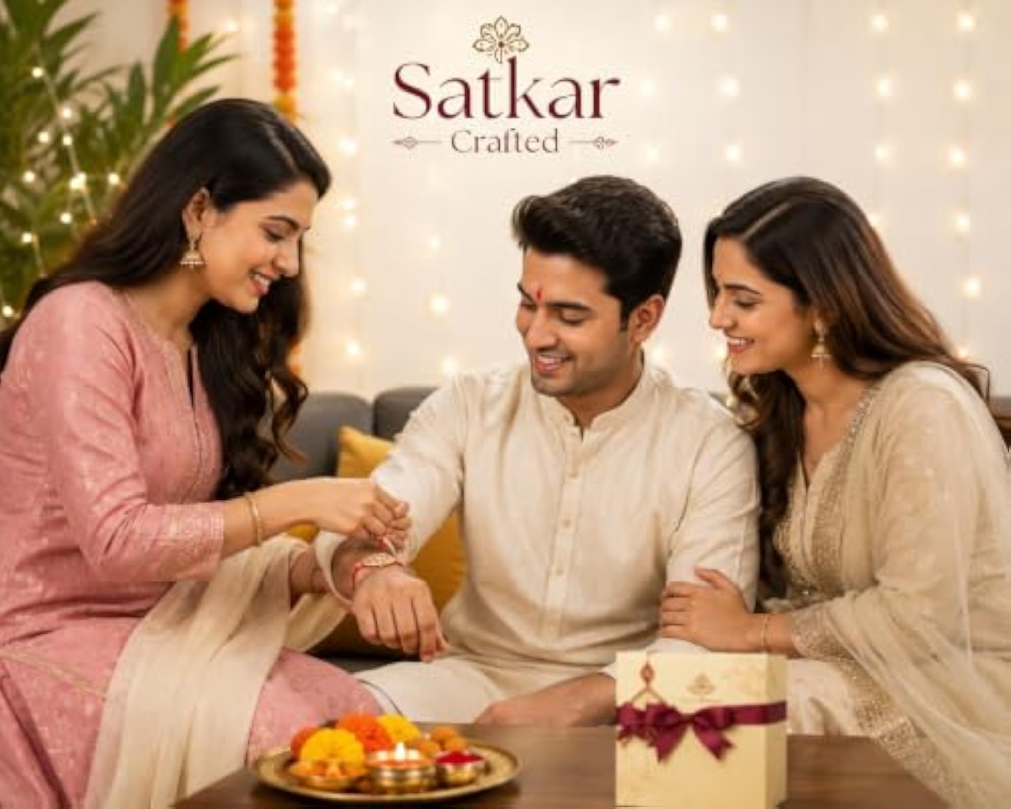 Elegant Bhai Bhabhi Rakhi Set with Handmade Thread