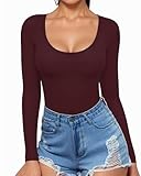 MANGOPOP Womens Scoop Neck Short Sleeve Long Sleeve Slim Fit T Shirt Tunic Tops Tee (Long Sleeve Burgundy, Medium)