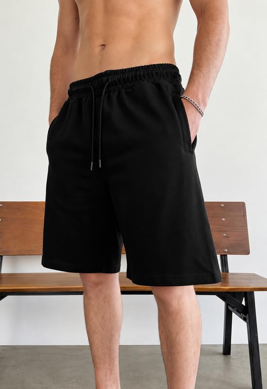 Image of Men's Solid Cotton Lounge Shorts | Premium Soft Breathable Casual Shorts with Elastic Drawstring Waist | Regular Fit Above Knee for Home, Gym & Travel