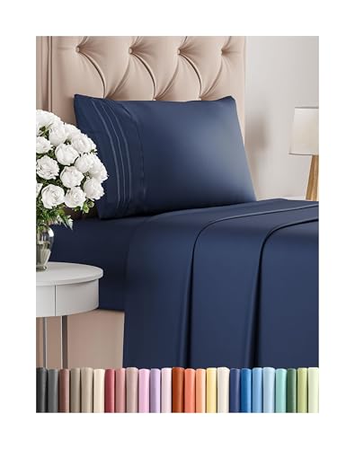 Twin Size 3 Piece Sheet Set - Comfy Breathable & Cooling Bed Sheets Set - Hotel Luxury Bedding for Women, Men, Kids, Teens, Boys & Girls - Deep Pockets, Ultra-Soft, Wrinkle Free - Oeko-Tex - Navy Blue