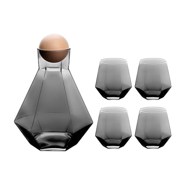 Karaffe 1 Set Luxus-Wasserkocher aus rautenförmigem Glas mit Kugeldeckel aus Naturholz, durchsichtiger Krug for kaltes Wasser, Saft-Getränkekrug, Heimgetränk Wasserkaraffe (Color : Gray Set)