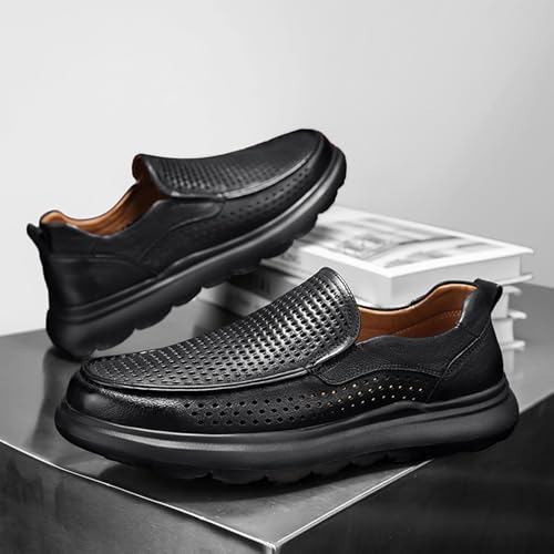 Men's Leather Platform Loafers Fashion Round Toe Breathable Hollow Casual Walking Shoes Comfortable Non-Slip Slip-on Driving Loafers2