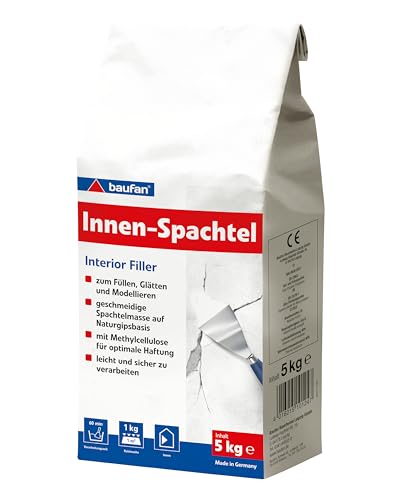 Baufan Innen-Spachtel Weiß 5kg I Zum Füllen, Glätten & Modellieren I Schnell härtende Spachtelmasse für innen I Ausbessern von Rissen & Löcher
