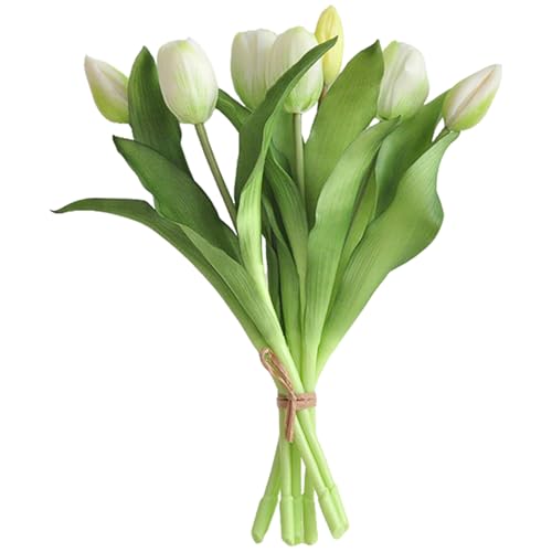 7 Piezas Tulipanes Artificiales, Tulipán Artificial Látex (Blanco y Verde)