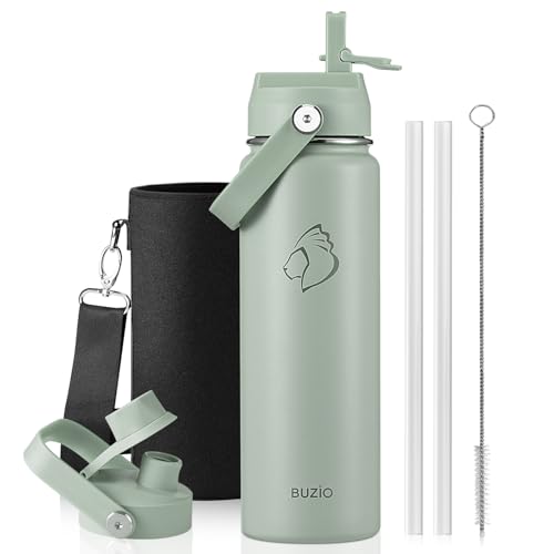 Image of BUZIO 24 oz Insulated Stainless Steel Water Bottle with Straw & Spout Lids
