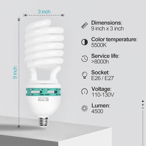Image of EMART Full Spectrum Light Bulb, 105W Spiral CFL 5500k Daylight for Softbox Lighting Kit, Replacement Lamp for Photography Photo Video Studio, Household Use, Portrait Shooting -1PACK