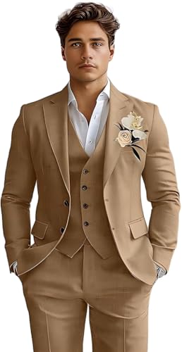 Men's Linen Mens Suits 3 Piece Slim Fit Tuxedo for Men Beach Wedding Formal Groomsmen Suit Groom Prom Set