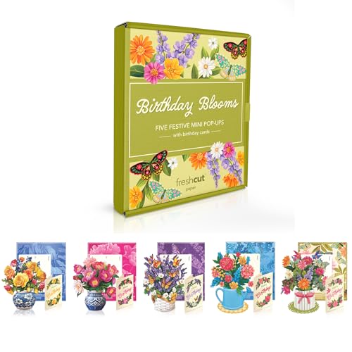 Freshcut Paper Pop Up Cards, Set of 5 Birthday Blooms Mini Bouquets with Matching Card, 6 Inch 3D...