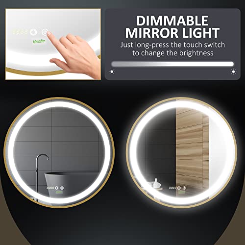 kleankin Round Bathroom LED Mirror, Dimmable Lighted Wall-Mounted Mirror with 3 Temperature Colours, Time Display, Memory Function, Hardwired, Gold - Cosy Home Interiors kleankin Round Bathroom LED Mirror, Dimmable Lighted Wall-Mounted Mirror with 3 Temperature Colours, Time Display, Memory Function, Hardwired, Gold - Image 4