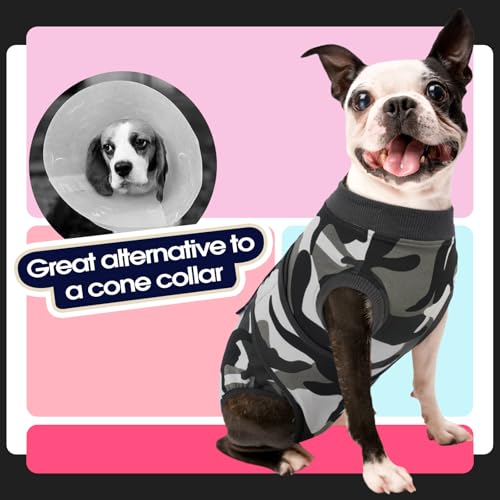 Image of FUAMEY Dog Recovery Suit Male,Dogs Surgery Neuter Suits Puppy Spay Shirts for Female Protect Dog's Skin Anti Licking Abdominal Wounds Doggie Onesie Pet Bodysuit Alternative to Cone Grey Camouflage XXL