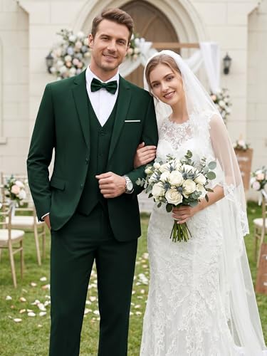 Image of WEEN CHARM Men's 3-Piece Slim Fit Suit Set-2-Button Blazer,Vest & Pants-Formal Wedding,Prom,Party & Business Tuxedo