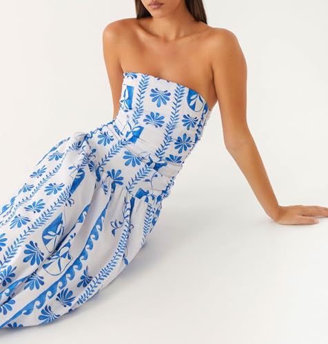 Image of Women Floral Strapless Maxi Dress Y2K Bodycon Tube Long Dresses Sexy Party Formal Cocktail Beach Slit Dress