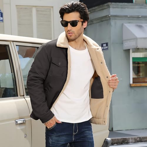 Image of Mens Winter Jacket Thick Thermal Cotton Warm Fleece Lined Sherpa Jacket Trucker Lapel Work Cargo Jackets Coat Outerwear