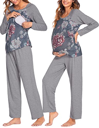 Ekouaer Floral Nursing Pajamas For Hospital Long Sleeve Nursing Top & Pants Set (Pattern1 M) #TOP17