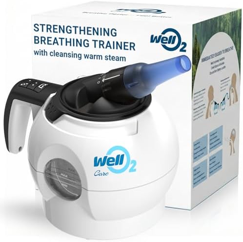 WellO2 Breathing Trainer | Unique Patented Warm Steam + Adjustable Resistance | Comfortable Breathing Routine | App-Guided Sessions | Complete Breath Trainer Set with 3 Mouthpieces & Nasal Mask