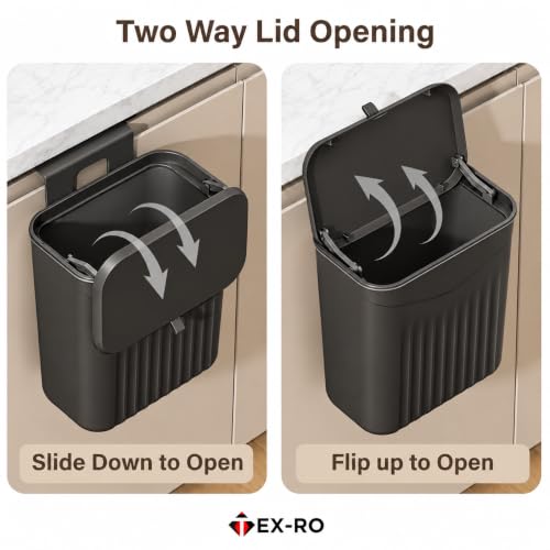 Image of TEX-RO Hanging Dustbin for Kitchen with Lid, 9L Wall Mounted Dustbin for Home with 2-Way Lid Opening, No-Drill Cabinet Door Hanging Trash Can, Plastic Waste Bin for Bathroom Bedroom Office (Black)